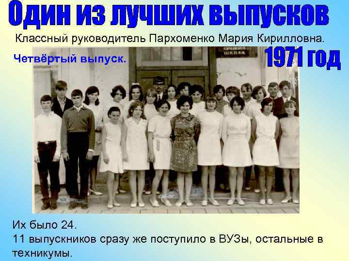 Классный руководитель Пархоменко Мария Кирилловна. Четвёртый выпуск. Их было 24. 11 выпускников сразу же