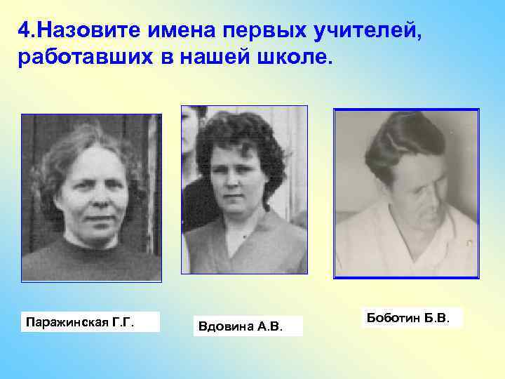 4. Назовите имена первых учителей, работавших в нашей школе. Паражинская Г. Г. Вдовина А.