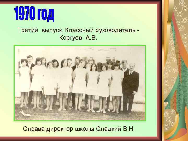 Третий выпуск. Классный руководитель Коргуев А. В. Справа директор школы Сладкий В. Н. 