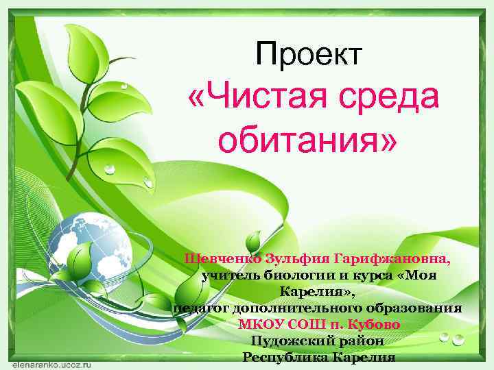 Проект «Чистая среда обитания» Шевченко Зульфия Гарифжановна, учитель биологии и курса «Моя Карелия» ,