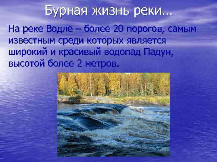 Бурная жизнь реки… На реке Водле – более 20 порогов, самым известным среди которых