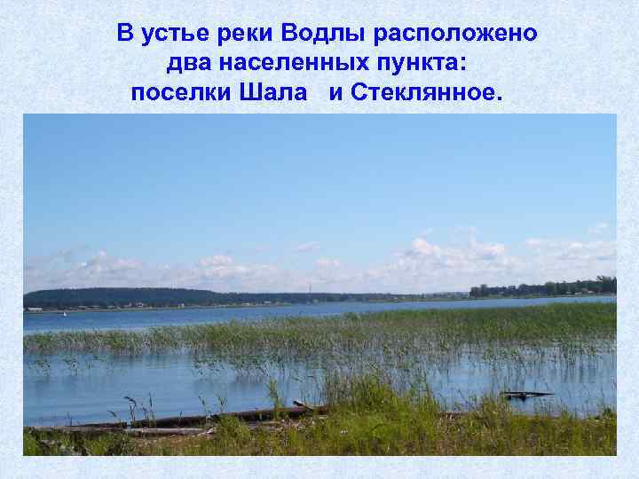 В устье реки Водлы расположено два населенных пункта: поселки Шала и Стеклянное. 