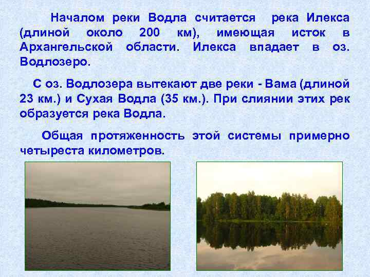 Началом реки Водла считается река Илекса (длиной около 200 км), имеющая исток в Архангельской