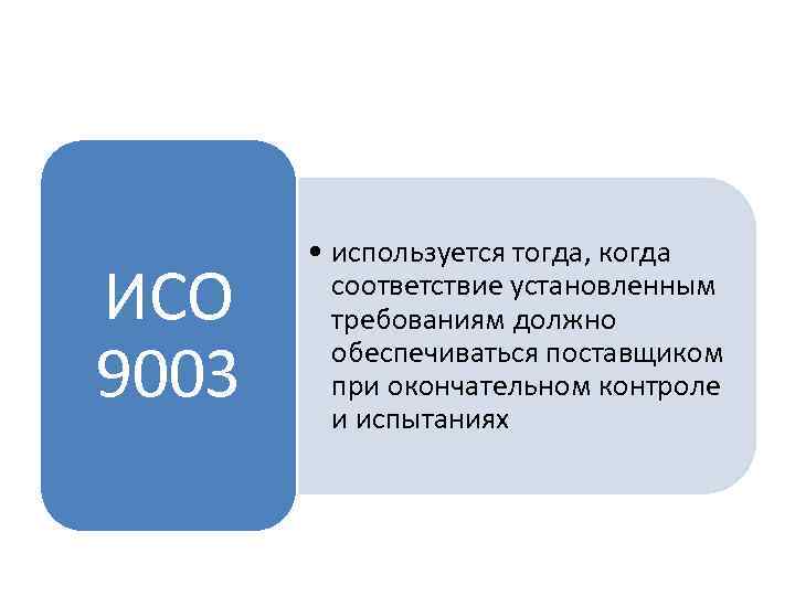 ИСО 9003 • используется тогда, когда соответствие установленным требованиям должно обеспечиваться поставщиком при окончательном