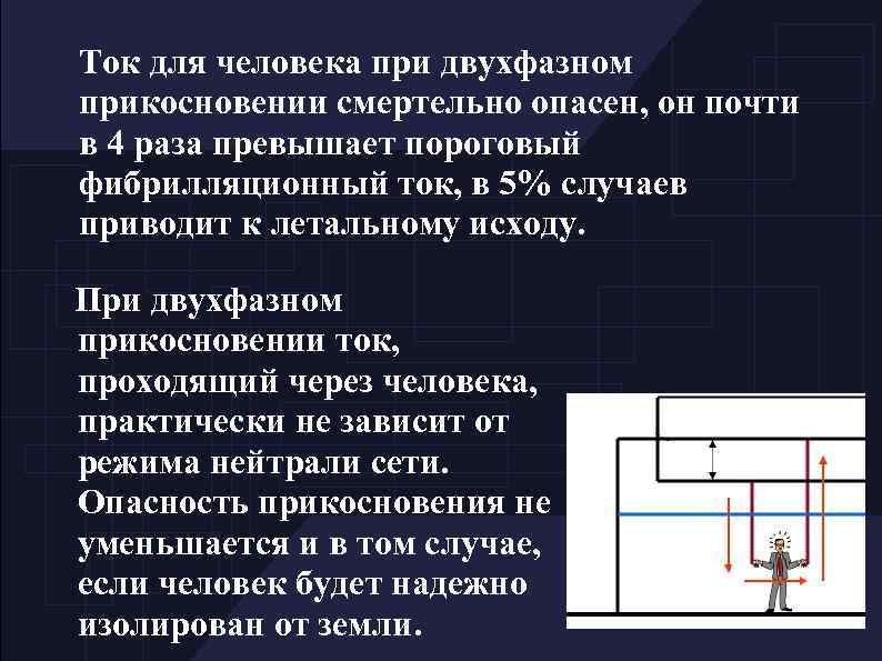 Ток для человека при двухфазном прикосновении смертельно опасен, он почти в 4 раза превышает