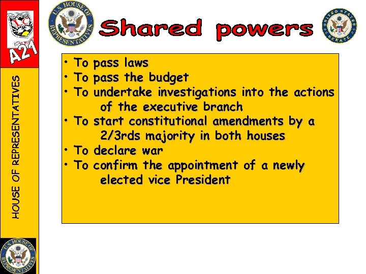 HOUSE OF REPRESENTATIVES • • • To To To pass laws pass the budget