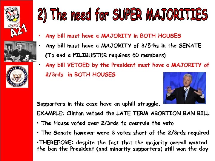  • Any bill must have a MAJORITY in BOTH HOUSES • Any bill