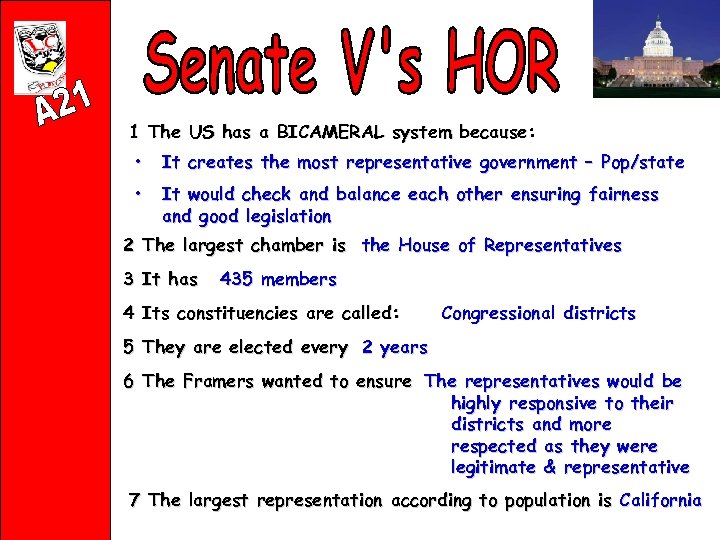 1 The US has a BICAMERAL system because: • It creates the most representative