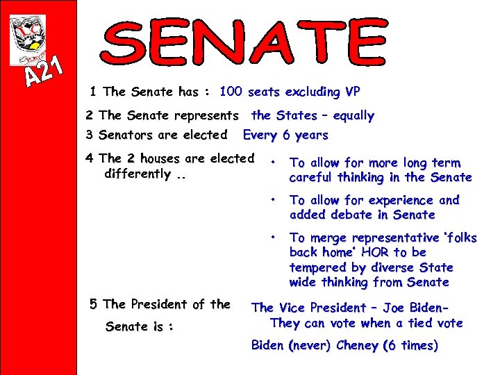 1 The Senate has : 100 seats excluding VP 2 The Senate represents the
