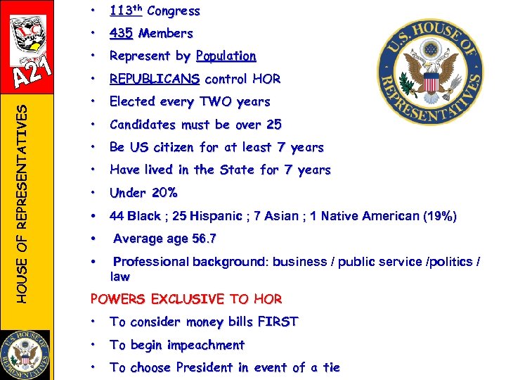 113 th Congress • 435 Members • Represent by Population • HOUSE OF REPRESENTATIVES