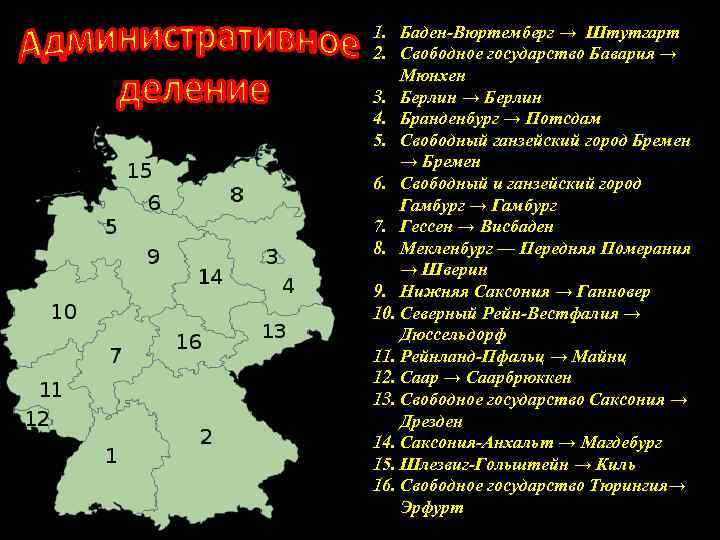 1. Баден-Вюртемберг → Штутгарт 2. Свободное государство Бавария → Мюнхен 3. Берлин → Берлин