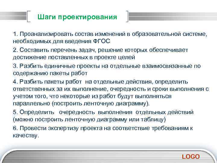 Шаги проектирования 1. Проанализировать состав изменений в образовательной системе, необходимых для введения ФГОС 2.