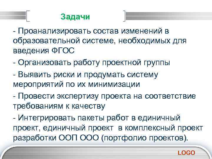Задачи - Проанализировать состав изменений в образовательной системе, необходимых для введения ФГОС - Организовать