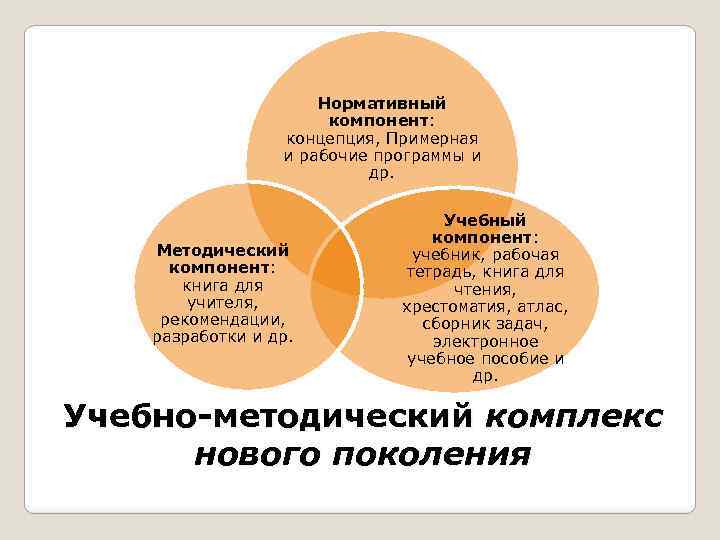 Нормативный компонент: концепция, Примерная и рабочие программы и др. Методический компонент: книга для учителя,