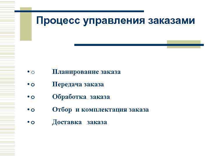 Процесс управления заказами • o Планирование заказа • o Передача заказа • o Обработка