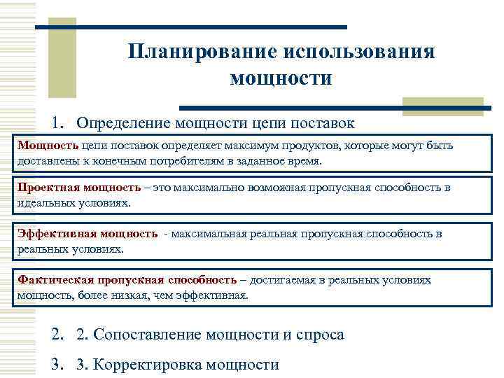Планирование использования мощности 1. Определение мощности цепи поставок Мощность цепи поставок определяет максимум продуктов,