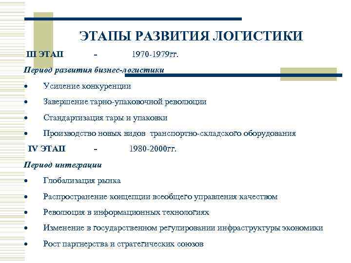 ЭТАПЫ РАЗВИТИЯ ЛОГИСТИКИ III ЭТАП - 1970 -1979 гг. Период развития бизнес-логистики · Усиление