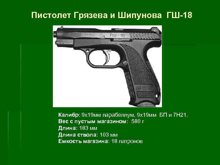 Пистолет Грязева и Шипунова ГШ-18 Калибр: 9 х19 мм парабеллум, 9 х19 мм БП