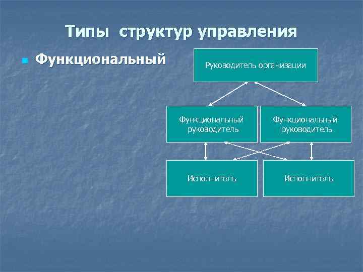 Типы структур управления n Функциональный Руководитель организации Функциональный руководитель Исполнитель 