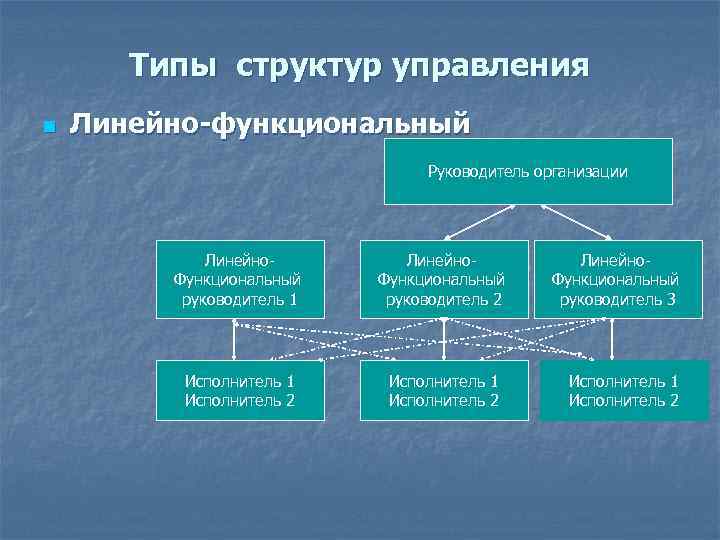 Типы структур управления n Линейно-функциональный Руководитель организации Линейно. Функциональный руководитель 1 Линейно. Функциональный руководитель