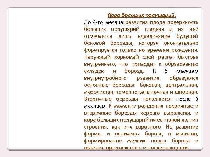 Кора больших полушарий. До 4 -го месяца развития плода поверхность больших полушарий гладкая и