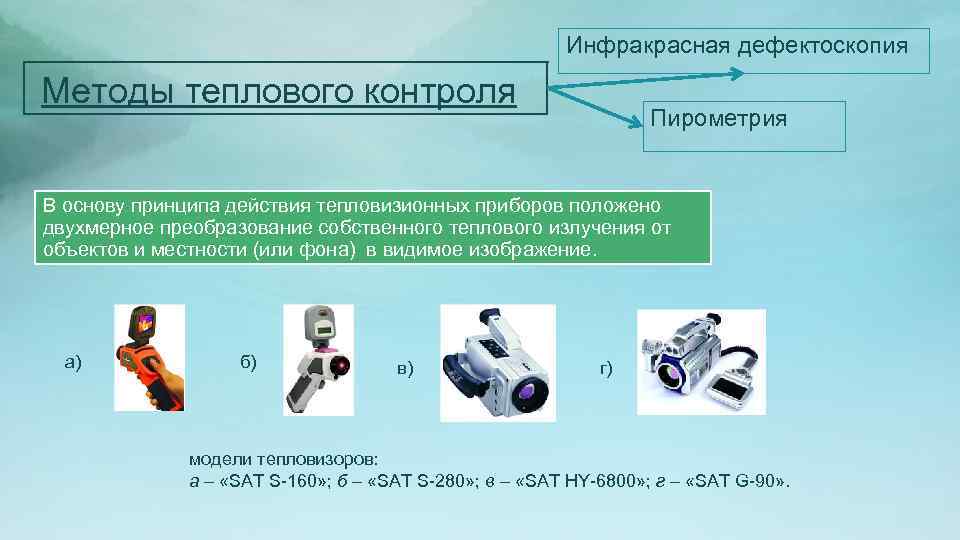 Инфракрасная дефектоскопия Методы теплового контроля Пирометрия В основу принципа действия тепловизионных приборов положено двухмерное