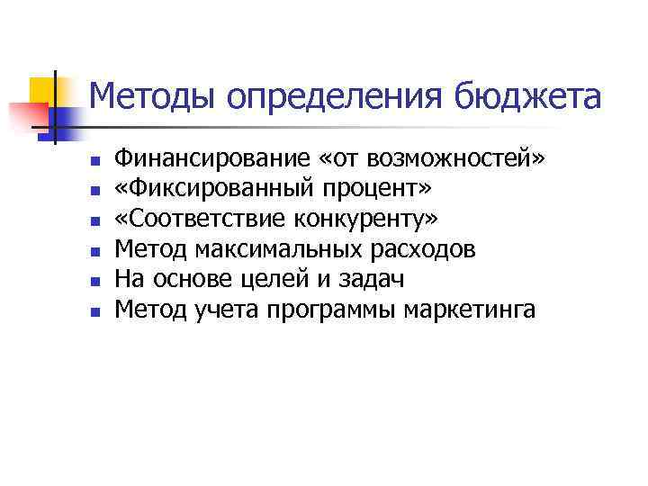 Методы определения бюджета n n n Финансирование «от возможностей» «Фиксированный процент» «Соответствие конкуренту» Метод