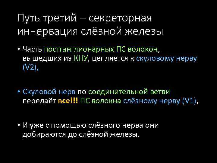 Путь третий – секреторная иннервация слёзной железы • Часть постганглионарных ПС волокон, вышедших из