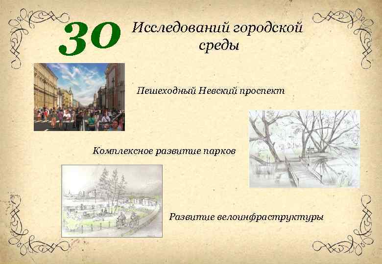 30 Исследований городской среды Пешеходный Невский проспект Комплексное развитие парков Развитие велоинфраструктуры 