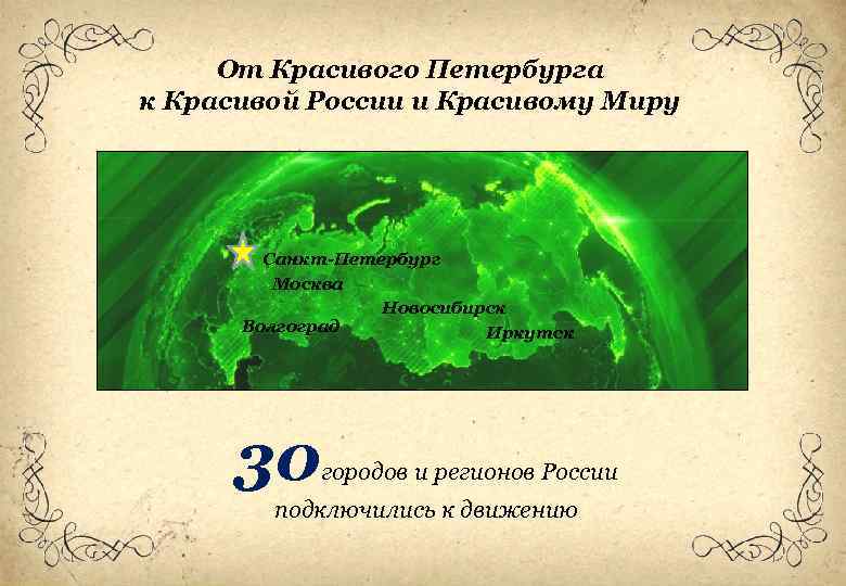 От Красивого Петербурга к Красивой России и Красивому Миру Санкт-Петербург Москва Новосибирск Волгоград Иркутск