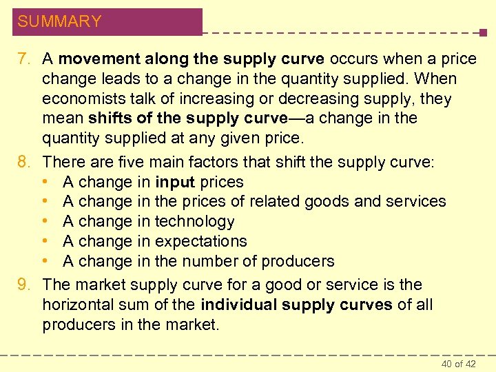 SUMMARY 7. A movement along the supply curve occurs when a price change leads