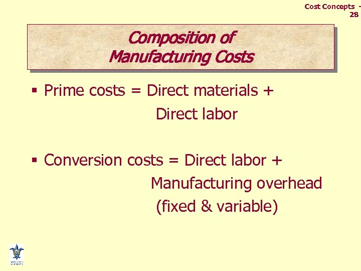Cost Concepts 28 Composition of Manufacturing Costs § Prime costs = Direct materials +