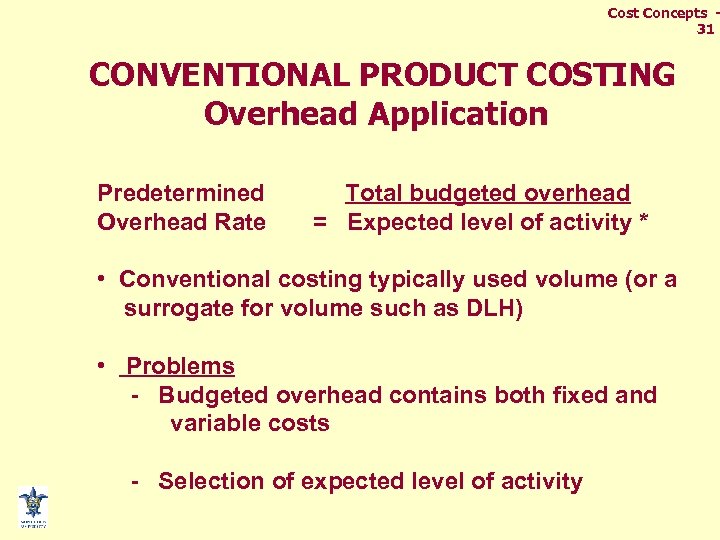 Cost Concepts 31 CONVENTIONAL PRODUCT COSTING Overhead Application Predetermined Overhead Rate Total budgeted overhead