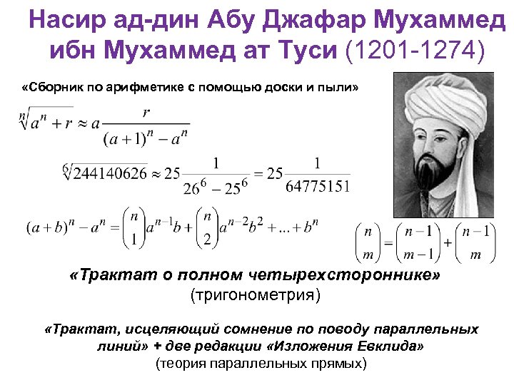 Насир ад-дин Абу Джафар Мухаммед ибн Мухаммед ат Туси (1201 -1274) «Сборник по арифметике