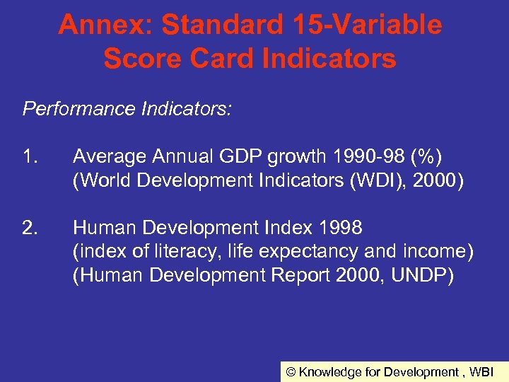 Annex: Standard 15 -Variable Score Card Indicators Performance Indicators: 1. Average Annual GDP growth