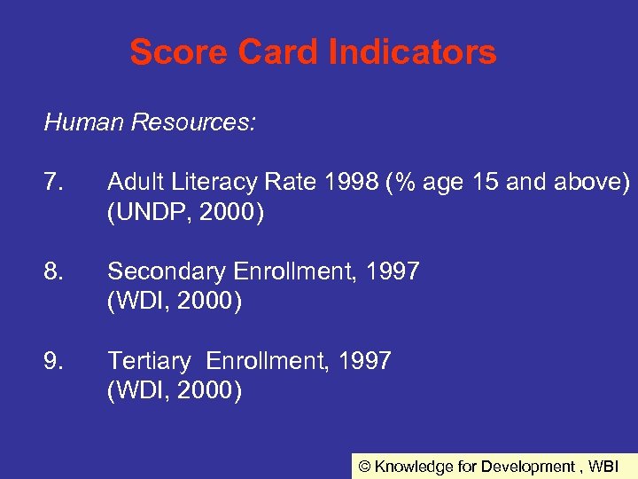 Score Card Indicators Human Resources: 7. Adult Literacy Rate 1998 (% age 15 and