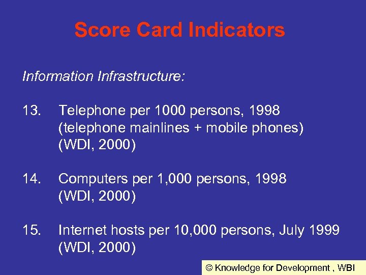 Score Card Indicators Information Infrastructure: 13. Telephone per 1000 persons, 1998 (telephone mainlines +