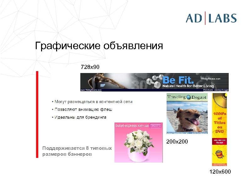Графические объявления 728 х90 200 х200 Поддерживается 8 типовых размеров баннеров 120 х600 