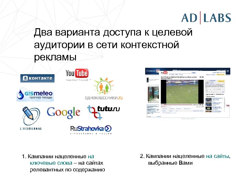 Два варианта доступа к целевой аудитории в сети контекстной рекламы 1. Кампании нацеленные на