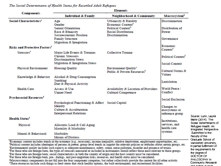 Source: Lunn, Laurel Marie (2014). The Social Determinants of Refugee Health: An Integrated Perspective.