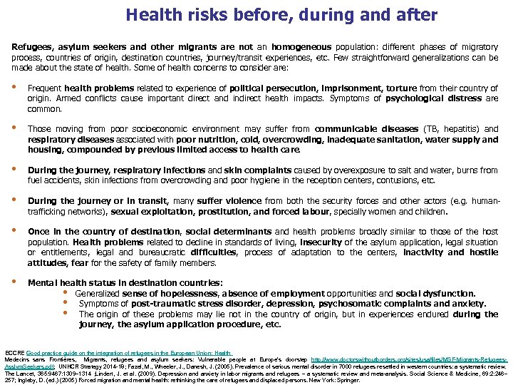 Health risks before, during and after Refugees, asylum seekers and other migrants are not