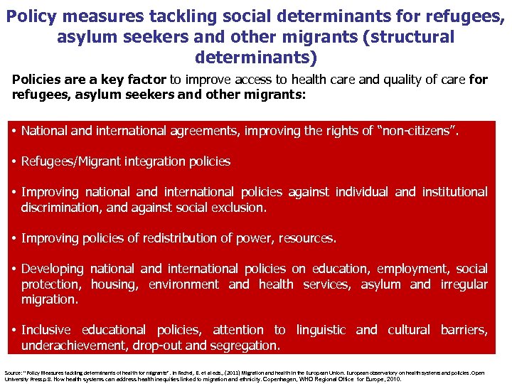 Policy measures tackling social determinants for refugees, asylum seekers and other migrants (structural determinants)