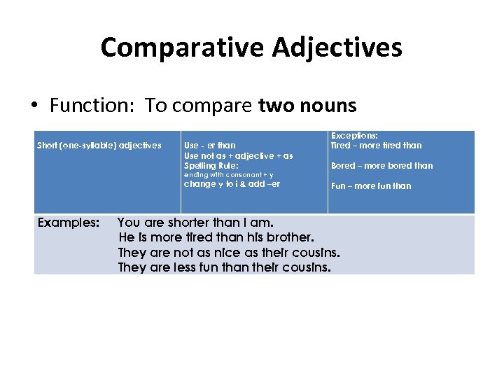 Comparative Adjectives • Function: To compare two nouns Short (one-syllable) adjectives Use - er