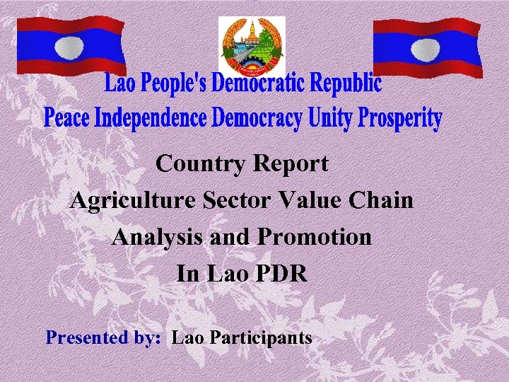Country Report Agriculture Sector Value Chain Analysis and Promotion In Lao PDR Presented by: