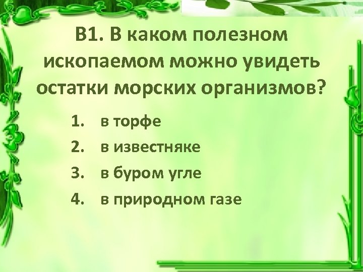 В 1. В каком полезном ископаемом можно увидеть остатки морских организмов? 1. 2. 3.