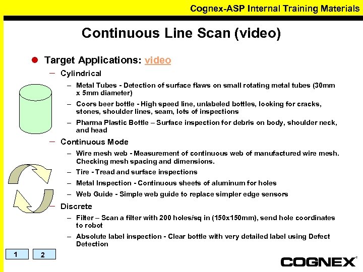 Cognex-ASP Internal Training Materials Continuous Line Scan (video) l Target Applications: video – Cylindrical