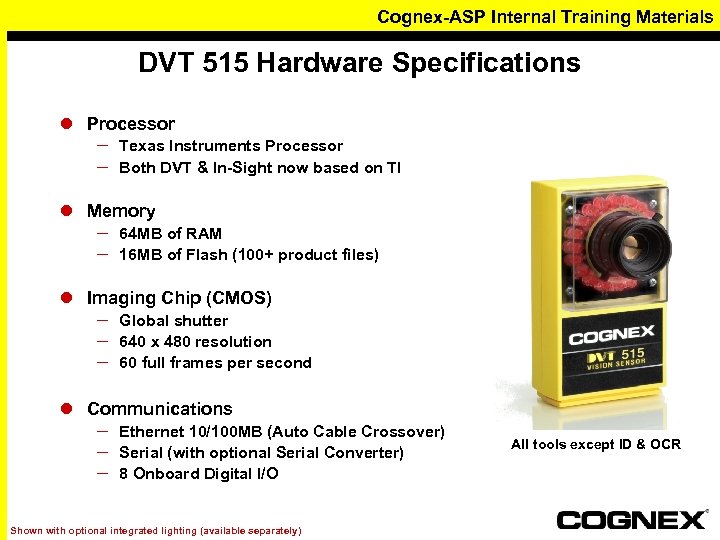 Cognex-ASP Internal Training Materials DVT 515 Hardware Specifications l Processor – – Texas Instruments