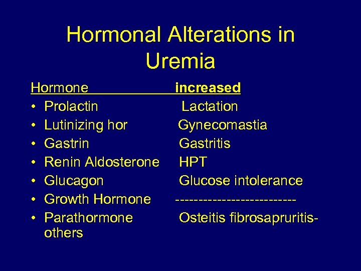 Hormonal Alterations in Uremia Hormone increased • Prolactin Lactation • Lutinizing hor Gynecomastia •