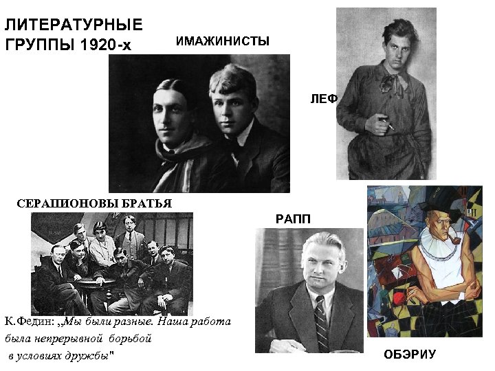 ЛИТЕРАТУРНЫЕ ГРУППЫ 1920 -х ИМАЖИНИСТЫ ЛЕФ СЕРАПИОНОВЫ БРАТЬЯ РАПП К. Федин: „Мы были разные.