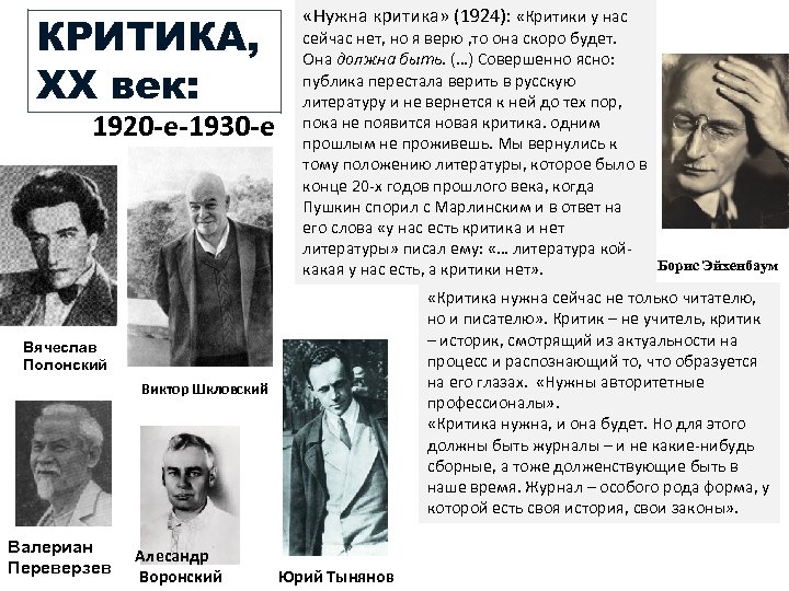 КРИТИКА, ХХ век: 1920 -е-1930 -е «Нужна критика» (1924): «Критики у нас сейчас нет,
